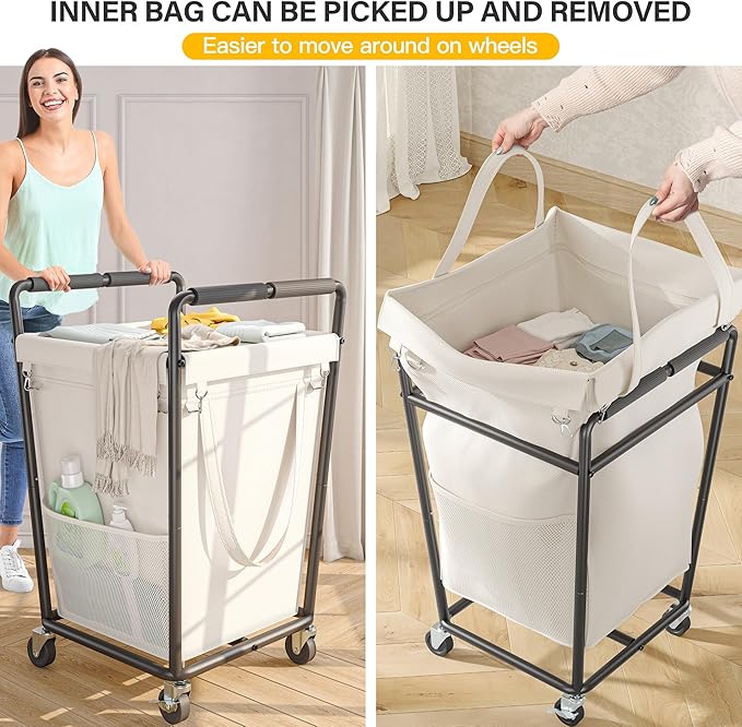 Laundry Basket with Wheels & Handles, 180L Laundry Cart with Removable Bag & Metal Frame for Clothes Storage, Laundry Room Organization Rolling Hamper with Wheels For Laundry, Dorm (Beige)