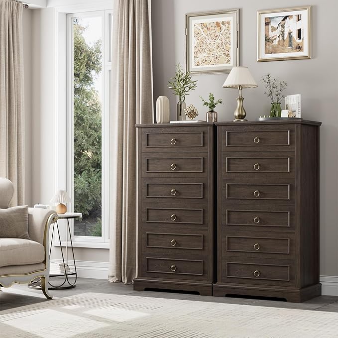 HOSTACK 6 Drawer Dresser for Bedroom, 52" Tall Dresser, Modern Farmhouse Vertical Chest of Drawers for Bedroom, Wooden Closet Chest, Wood Storage Cabinet for Living Room, Entryway, Dark Brown