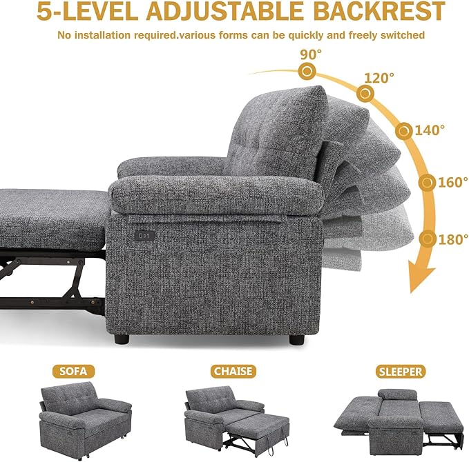 Vipbear 3-in-1 Chenile Convertible Sofa Bed, Pull Out Sleeper Sofa with USB Charging Station/Reclining Backrest/Side Pocket, Loveseat for Living Room, Apartment, Tool-Free Assembly, Dark Grey