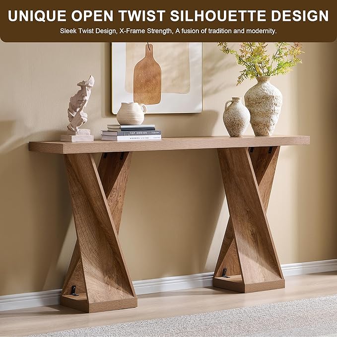 OKD Modern Entryway Table, 63" Twisted Console Table with Wood Pedestal, Farmhouse Sofa Table with Storage, Rustic Entry Table Tor Living Room, Entryway, Hallway, Light Tree Knot
