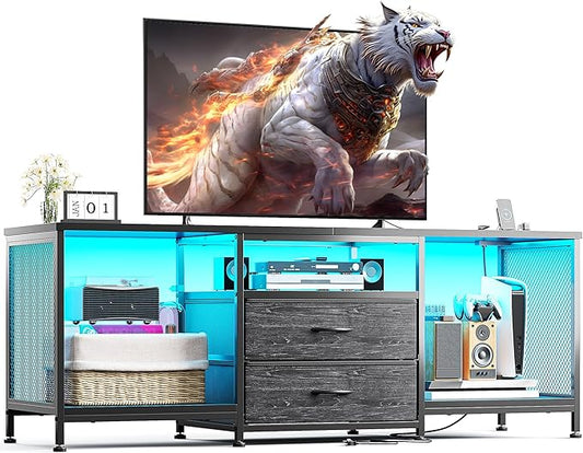 55" W TV Stand for Bedroom with LED Lights & Power Outlets Dresser TV Stand with 2 Drawers for 65" TV with Open Storage Shelves