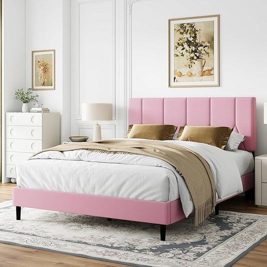 Queen Size Bed Frame, Platform Bed Frame with Velvet Upholstered Headboard, Queen Upholstered Mattress Foundation with Strong Wooden Slats, No Box Spring Needed, Noise Free, Easy Assembly