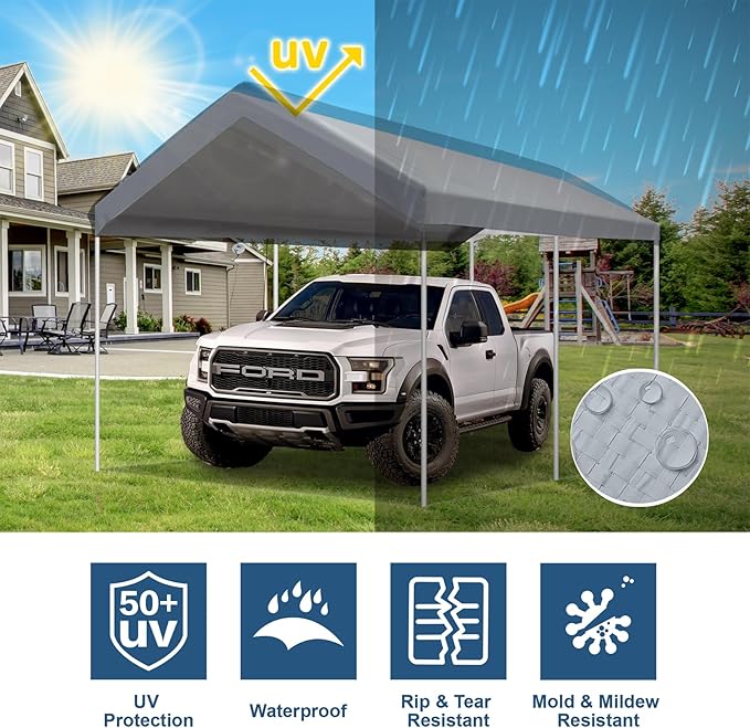 10' x 20' Carport Replacement Canopy Cover for Carport Frame Garage Top Tarp Shelter Tent Party Heavy Duty (Only Top Cover, Frame is not Included) (Gray, 10' x 20')