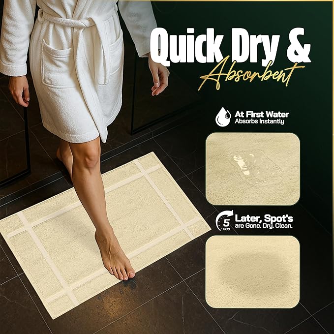 Pearl Linens Pack of 2 100% Cotton Bath Mat 18x25 inches, Soft & Absorbent Quick Dry Bathroom Mat Set, Not Bathroom Rugs, After Shower Mat, Bath Tub Mat, 687 GSM, Machine Washable, Beige