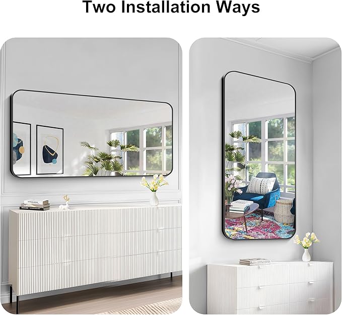 KOCUUY 60"x30" Large Rectangle Vanity Mirror, Black Metal Frame Mirror with Rounded Corner, Modern Design of Upgraded Shatterproof Glass for Bathroom, Bedroom, Living Room, Entryway