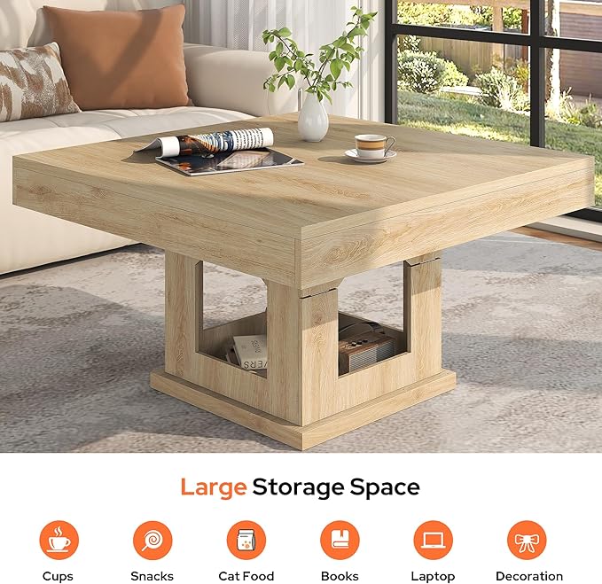 Square Coffee Table, Wooden Coffee Table with Storage and Cat House, Cocktail Table for Living Room, Farmhouse Large Natural Wood Center Table