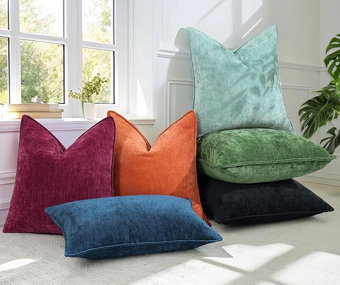 decorUhome Fall Couch Throw Pillow Covers 26x26 Set of 2, Decorative Soft Euro Neutral Chenille Pillow Covers with Elegant Design for Sofa Bed Living Room Home Decor, Rust