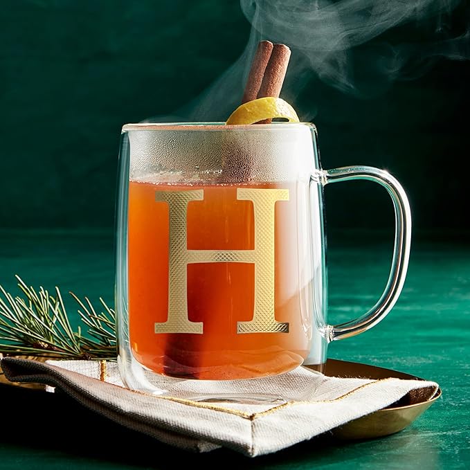 COLLECTIVE HOME - Double Walled Glass Coffee Mugs, Insulated Coffee Mug with Handle, Personalized Gifts for Women, Men, Christmas, 14 oz Monogram Cups (H)