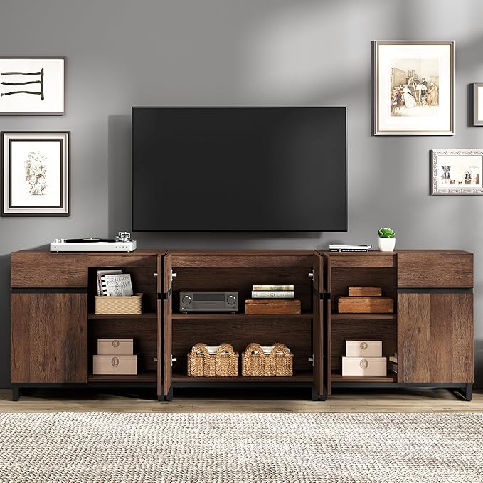 Wampat Modern TV Stand for 100 inch TVs, 3 in 1 Entertainment Center Console with Adjustable Shelves and Metal Base for Living Room, Bedroom, Brown