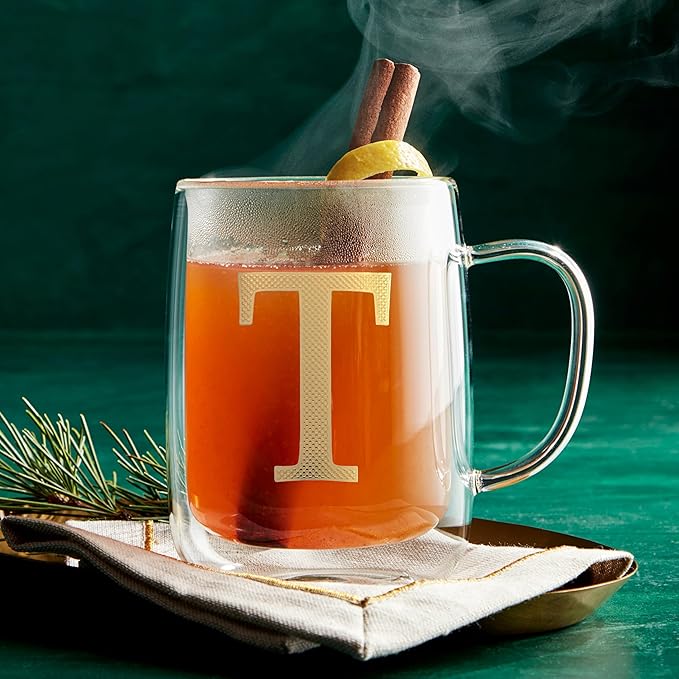 COLLECTIVE HOME - Double Walled Glass Coffee Mugs, Insulated Coffee Mug with Handle, Personalized Gifts for Women, Men, Christmas, 14 oz Monogram Cups (T)