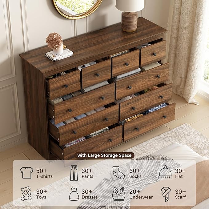 LYNSOM Modern 10 Drawer Dresser, 55.1" Wide Dressers & Chests of Drawers with Large Capacity Storage, Wood Mid Century Storage Dressers Organizer for Bedroom, Hallway, Brown