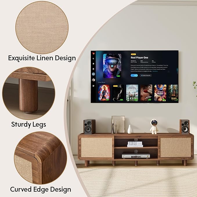 AVZEAR 70'' Mid Century Modern TV Stand for TVs up to 80 Inch, Large Entertainment Center with Storage & Nature Linen Door, Curved Edge TV Console Table Media Console for Living Room Bedroom (Walnut)