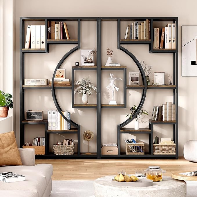 LGHM Industrial 5-Tier Bookshelf with Storage, 70.9 Inch Tall Large Display Bookcase - Modern Metal Standing Shelves for Living Room, Office and Bedroom, Set of 2, Brown
