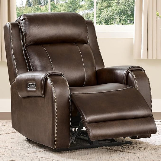 CHITA Genuine Leather Power Recliner Chair for Adults, Electric Wall Hugger Recliner with Adjustable Power Headrest & USB/Type-C Ports, Compact for Small Spaces & Living Rooms, Dark Brown