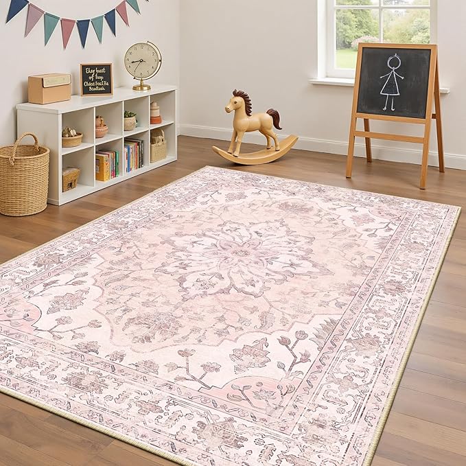 Area Rugs 5'x7' Washable Non-Slip, Floral Vintage Distress Print Pattern Medallion Carpet for Living Room Bedroom Dining Room, Pink Greypink Cute