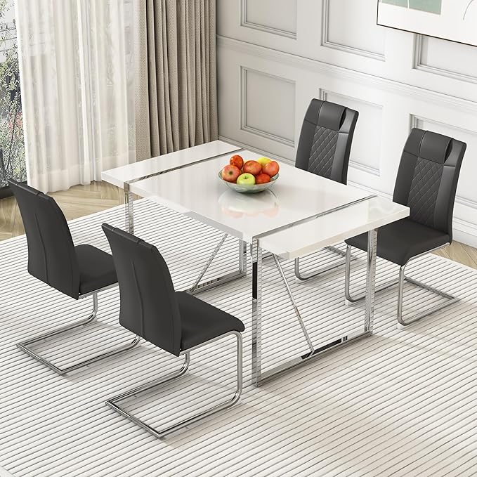 Dining Table Chairs Set for 4, Modern Rectangular Dining Room Table Set PU Leather Upholstered Dining Chairs 55" Dinner Table Set for Kitchen, Dining Room (Dining Table Set for 4, Grey)