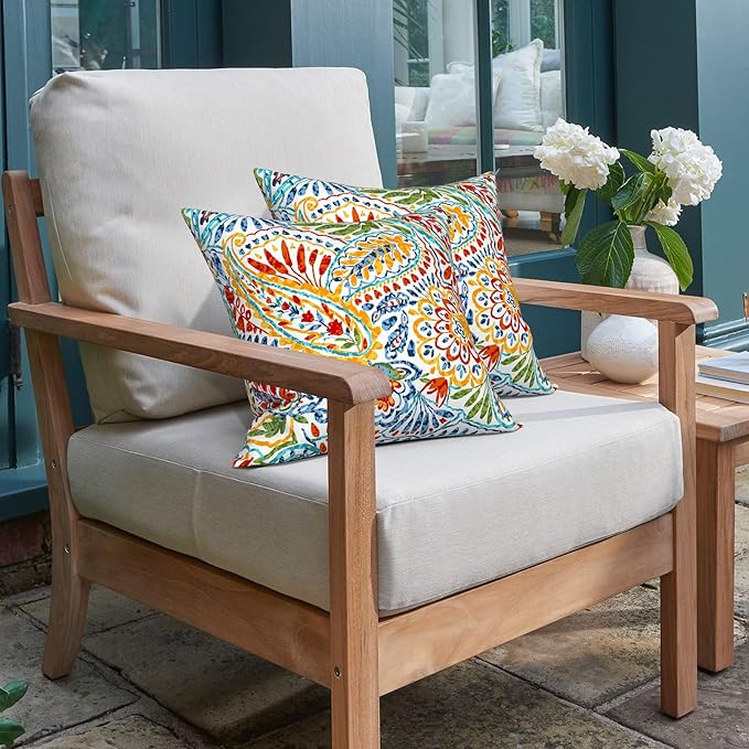 Patio Throw Pillows with Inners, Fade Resistant Square Pillow Pack of 2, Decorative Garden Cushions for Home, 18x18 Inch,Paisley Multi