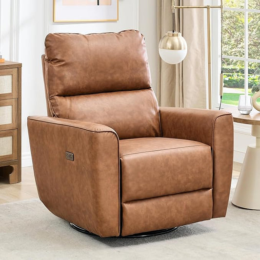 GarveeHome Power Recliner Chair Swivel Glider Upholstered Faux Leather Nursery Rocker Reclining Sofa Chair with Charging Port, Curved Armrests & Padded Backrest (Brown)
