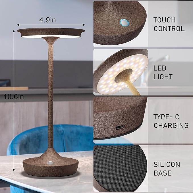 2 Pack Cordless Rechargeable Table Lamps, Portable 6000mAh Battery Desk Lamp Waterproof 3 Color Stepless Dimming LED Table Light with Memory Function for Outdoor/Dinning/Patio/Restaurant (Rust 2Pack)