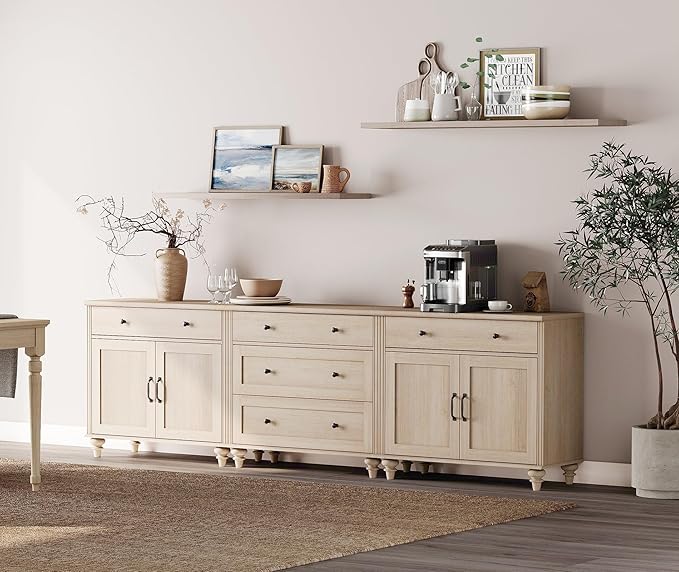 WAMPAT Farmhouse TV Stand for 100 Inch TV, TV Console Table with 5 Drawers, Entertainment Center for 75/80/85/90 Inch TV, Kitchen Sideboard Buffet Cabinet for Dining Room & Living Room, Light Beige