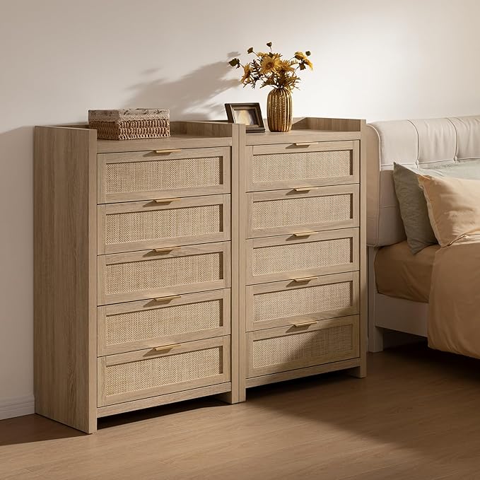 SICOTAS Dresser for Bedroom Chest of Drawers 46" Tall Dresser for Closet with 5 Rattan Drawers Boho Nightstands Set of 2 Large Clothes Storage Cabinet TV Stand for Living Room Hallway Nursery Entryway