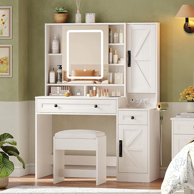 Vabches Makeup Vanity Desk with Mirror and Lights, Farmhouse Vanity Mirror with Lights Desk and Chair, White Vanity Table with Charging Station and Storage, Dressing Table Set for Bedroom Room