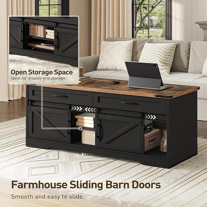 47" Farmhouse Coffee Table with Storage and 2 Drawers, Large Rustic Center Table with Sliding Barn Doors & Open Compartments, Wooden Coffee Table for Living Room, Black and Rustic Brown