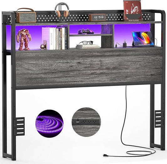 Unikito Headboard for Full Size Bed with Storage Shelf, Head Board with 3 Outlets and 2 USB Ports, Headboards with RGB LED Light, Height Adjustable, Sturdy and Stable, Easy Assembly,Black Oak