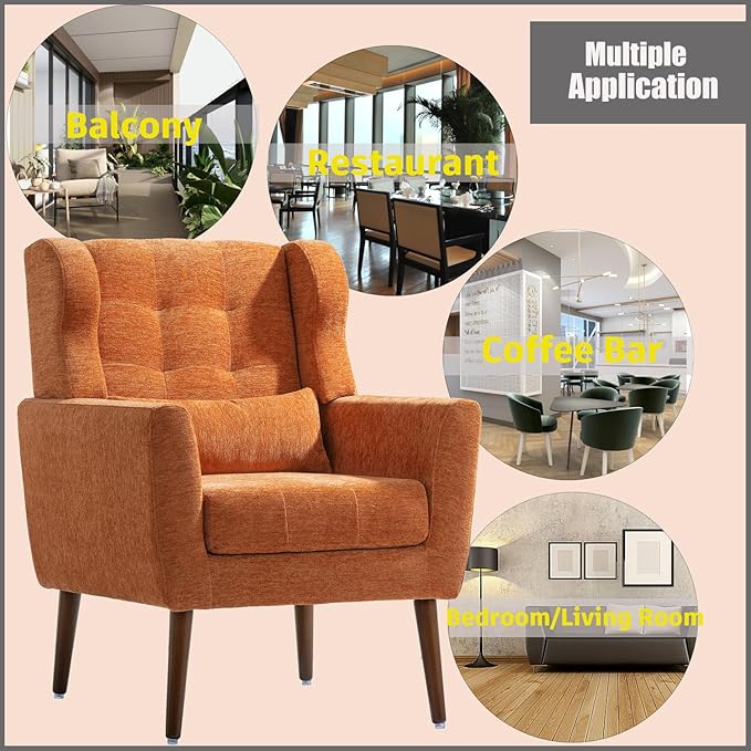 Accent Chair, Comfy Upholstered Living Room Chairs with High Tufted Backrest and Pillow, Wingback Reading Chair with Solid Wood Legs for Bedroom/Office, Chenille Fabric, Orange