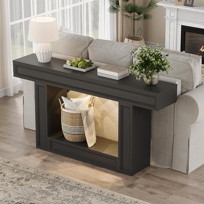 Rresyet 63" Console Table, 2-Tier Entryway Table with Sensor Lights, Coffee Table Behind The Sofa, with U-Shaped Base Suitable for Entryways, Living Rooms, Corridors, and Foyers(Black)