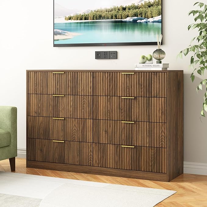 8 Drawer Dresser for Bedroom, Modern Fluted Double Dresser, 55" Wide Chest of Dressers, Mid Century Wooden Beside Table for Closet, Living Room and Entryway, Natural