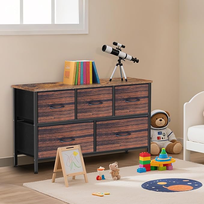 Dresser for Bedroom with 5 Drawers, Chest of Drawers, Storage Drawers Organizer Unit, Black Wide Fabric Dresser with Fabric Bins for Closet, Living Room, Bedroom (Brown and Rustic Brown)