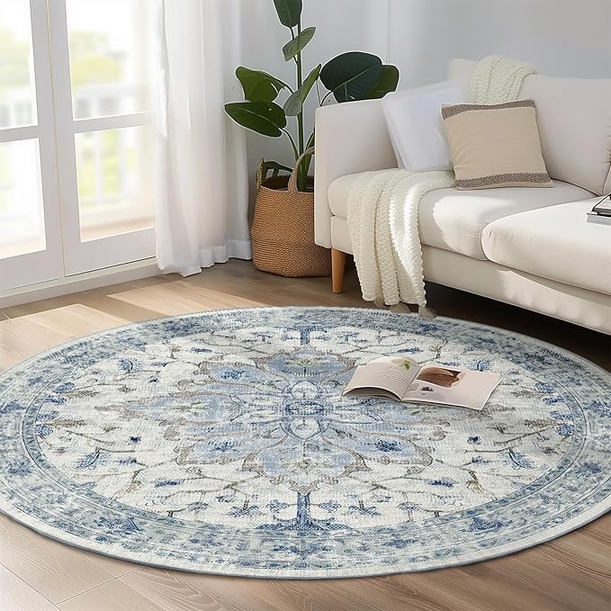 Area Rugs 5ft Washable Non-Slip, Floral Vintage Distress Print Pattern Medallion Carpet for Living Room Bedroom Dining Room, Light Blue Navy Beige Gray White