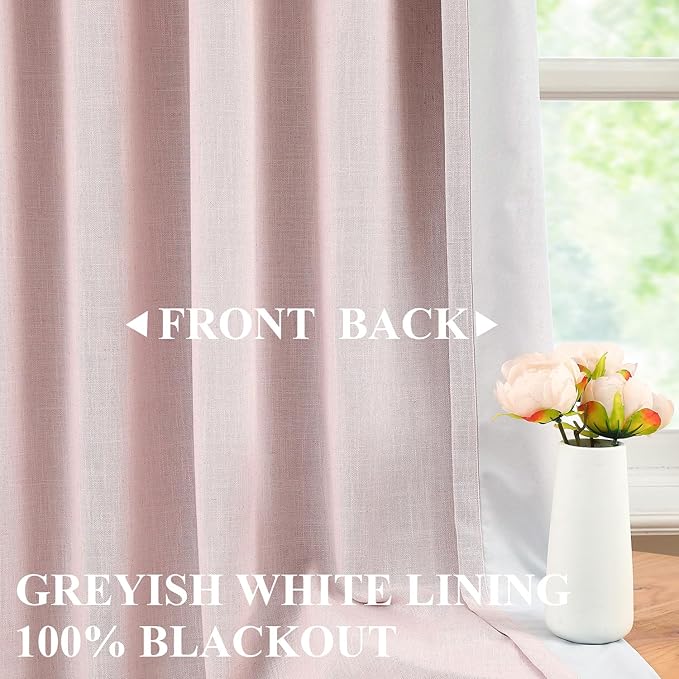 Vision Home Soft Pink Pinch Pleated Full Blackout Curtains Linen Blended Room Darkening Curtain Panels 102 inch for Living Room Bedroom Thermal Insulated Pinch Pleat Drapes with Hooks 40" Wx102 Lx2