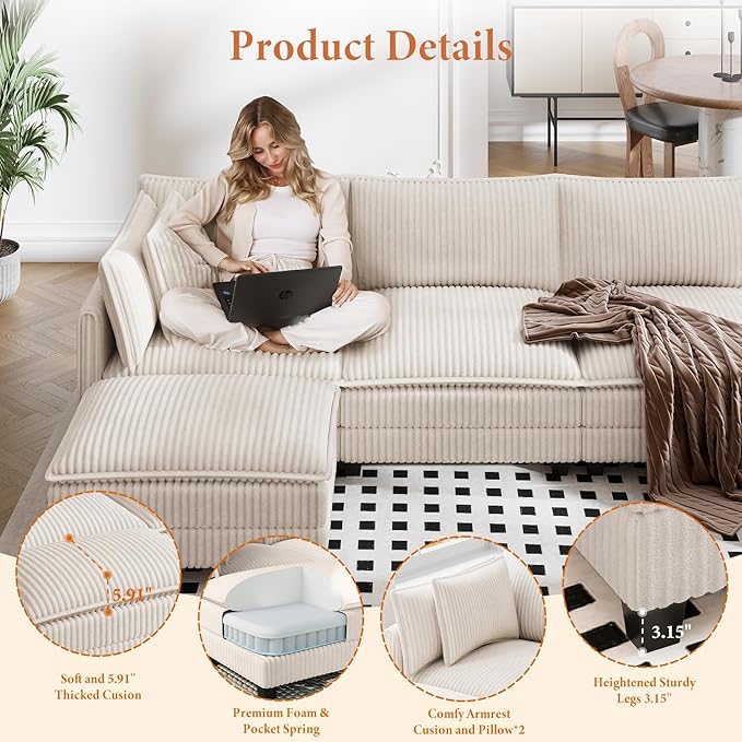 Vesgantti 109" U Shaped Cloud Sectional Sofa, Comfy Corduroy Upholstered Sectional Modular Sofas for Living Room, Modern Modular Couch with 2 Ottoman Deep Seat, Beige