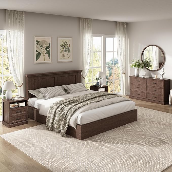 CARPETNAL Farmhouse Dresser and Nightstand Sets for Bedroom, 3 Pcs Bedroom Set, 6 Drawer Dresser & Nightstand Set of 2, Modern Wood Chest of Drawers for Bedroom, Living Room, Entryway, Brown