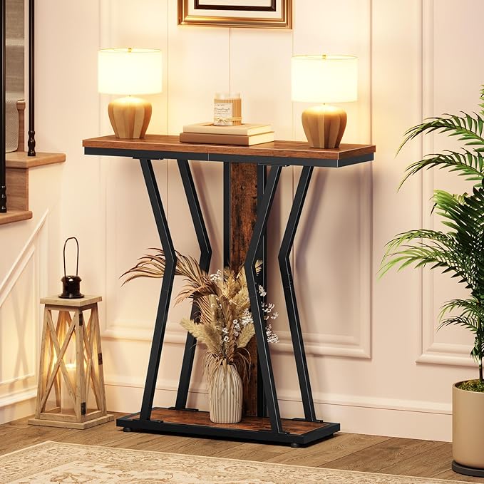 HOOBRO Narrow Console Table, 29.5" Small Entryway Table with Storage, 2-Tier Behind Sofa Table, Modern Style, for Living Room, Hallway, Foyer, Bedroom, Rustic Brown and Black BF66XG01