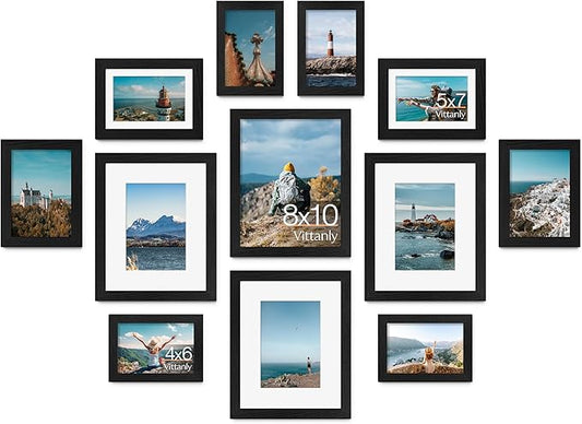 Vittanly Picture Frames Collage Wall Decor for Mounting or Tabletop Display, Gallery Wall Frame Set for Family, Multi Sizes Including 4pcs 8x10, 4pcs 5x7, 4pcs 4x6, Black