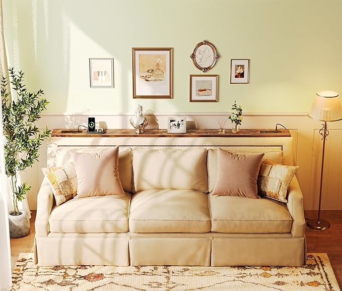 SUPERJARE 5.9 Inch Console Table with Outlet, Sofa Table, Beehind Couch Table, 5.9 x 39.4 x 29.1 Inches, Metal Frame, for Living Room, Hallway, Rustic Brown