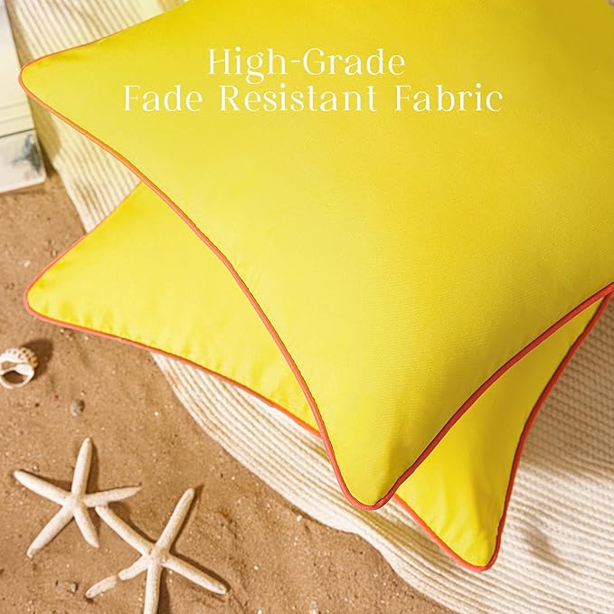 Phantoscope Pack of 2 Outdoor Waterproof Throw Pillow Covers with Contrast Piping, Decorative Square Cushion Case Patio Pillows for Couch Tent Sunbrella, Lemon Yellow 20x20 inches