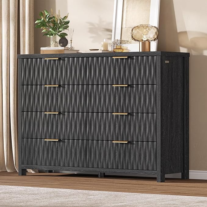 Dresser for Bedroom with 8 Drawers, 46.9" Wide Modern Chest of Drawers with Metal Handle, Wood Dresser TV Stand, Wood Storage Organizer for Bedroom, Living Room(Black)