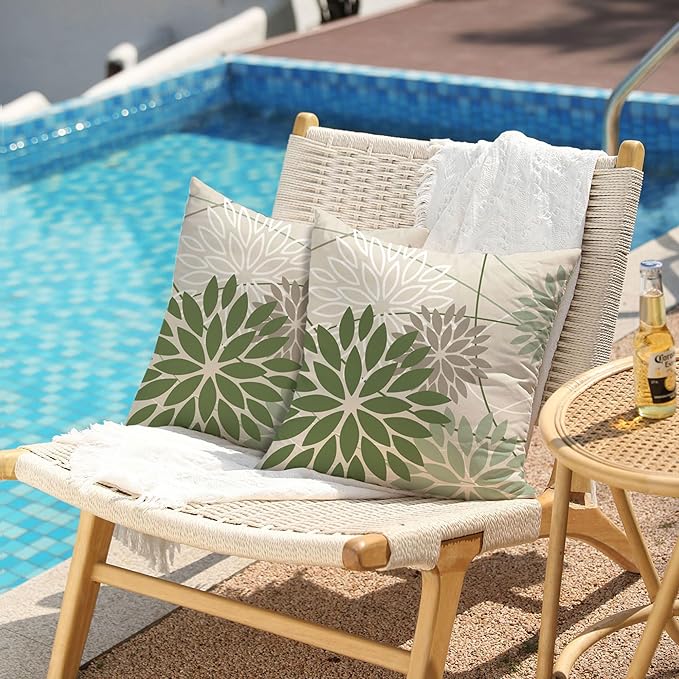 Dark Light Green and Grey Floral Pillow Covers 18x18 Set of 2 Outdoor Pillows Covers Waterproof Spring Summer Pillowcovers Polyester Cushion Case Decor for Couch Patio Funiture Garden Porch 01V18