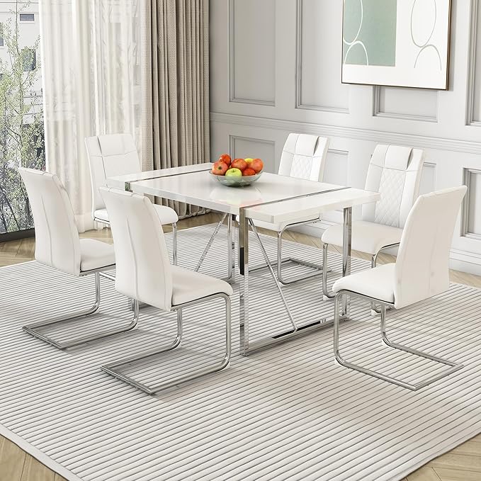 Dining Table Chairs Set for 6, Modern Rectangular Dining Room Table with PU Leather Upholstered Chairs 55" Dinner Table Set for Kitchen