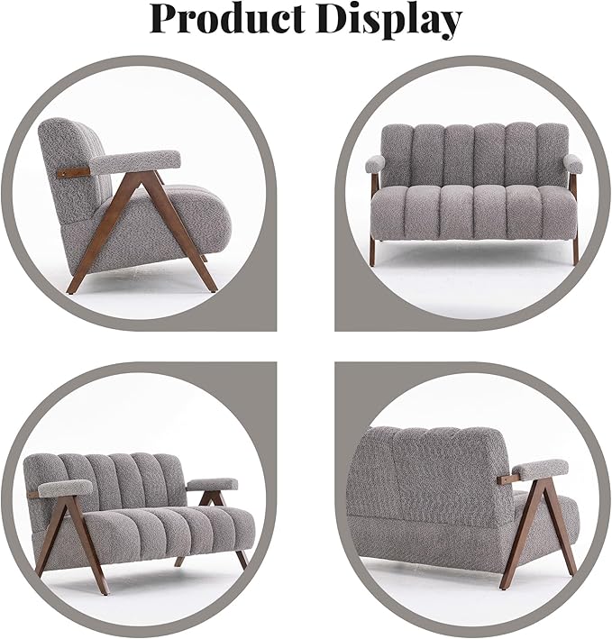 Mid Century Modern Accent Chair Loveseat Sofa with Solid Wood Frame, Boucle Upholstered Living Room Chairs with Thick Cushion, Comfy Tufted Arm Chair for Bedroom, Grey