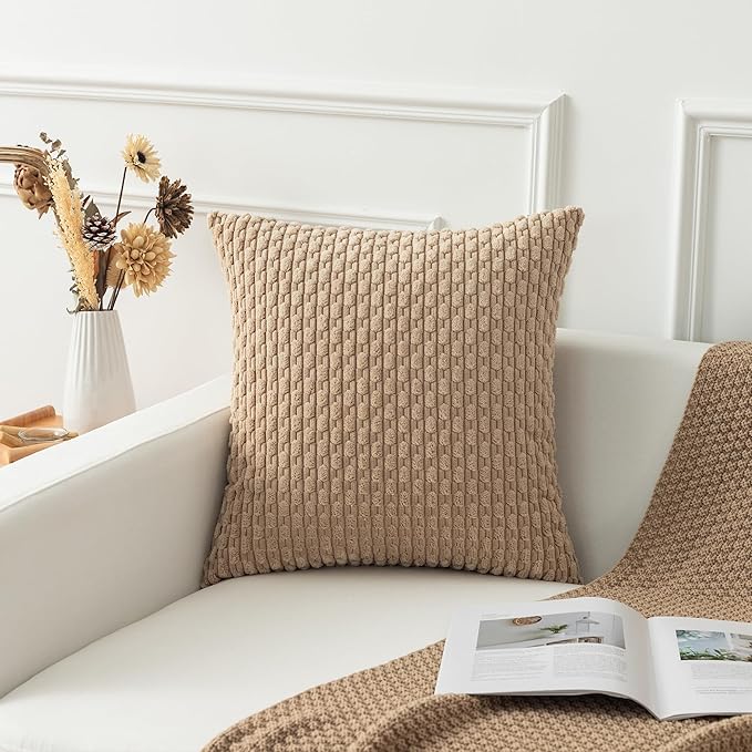 Kevin Textile 2 Packs Tan Decorative Throw Pillow Covers 20x20 Inch for Living Room Couch Bed Sofa Soft Striped Corduroy Square Cushion Case 50x50 cm Rustic Farmhouse Boho Home Decor