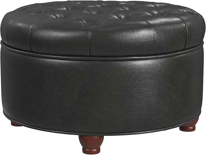 HomePop Home Decor | Button Tufted Faux Leather Round Storage Ottoman | Ottoman with Storage for Living Room & Bedroom (Black Faux Leather)
