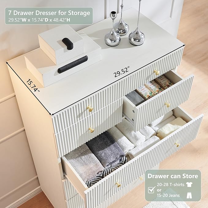 Fluted Dresser for Bedroom, 48" H White 7 Drawer Dressers, Wood Tall Dresser Storage Organizer, Modern Bedroom Chest with Deep Storage for Closet Hallway, Entryway, Living Room White