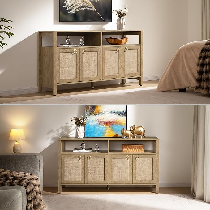SICOTAS Rattan TV Stand for Television up to 120 Inch - Large Entertainment Center with Storage and Open Shelves, Boho Media TV Console Cabinet with Doors and Adjustable Shelf for Living Room