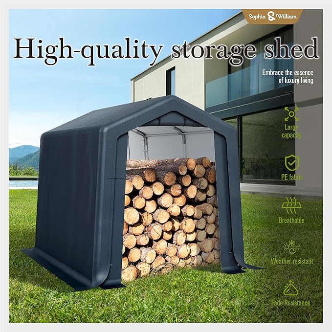 Sophia & William Outdoor Storage Shed Carport 6x10 ft Heavy Duty, Portable Garden Yard Car Port Shelter Storage Tent Garage with Roll Up Doors and Ventilation, Grey
