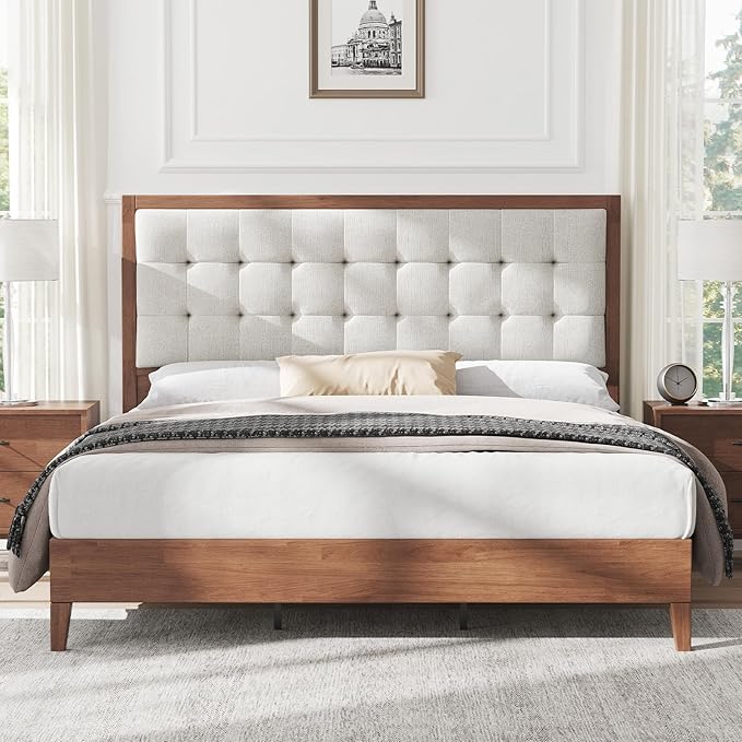 AMERLIFE Full Size Solid Wood Bed Frame with Tufted Headboard, Mid-Century Style, No Box Spring Required, Easy Assembly, Walnut